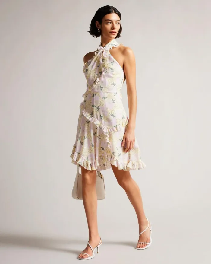 Twist Neck Frill Detail Mini Dress Light Yellow Women Ted Baker Clothing