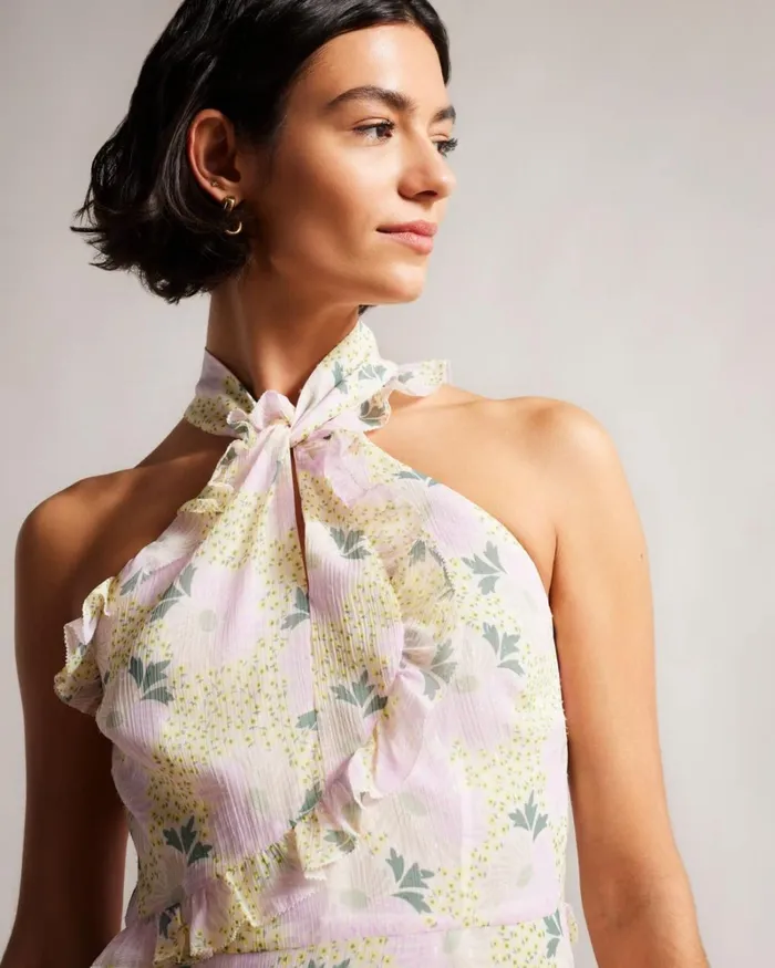 Twist Neck Frill Detail Mini Dress Light Yellow Women Ted Baker Clothing
