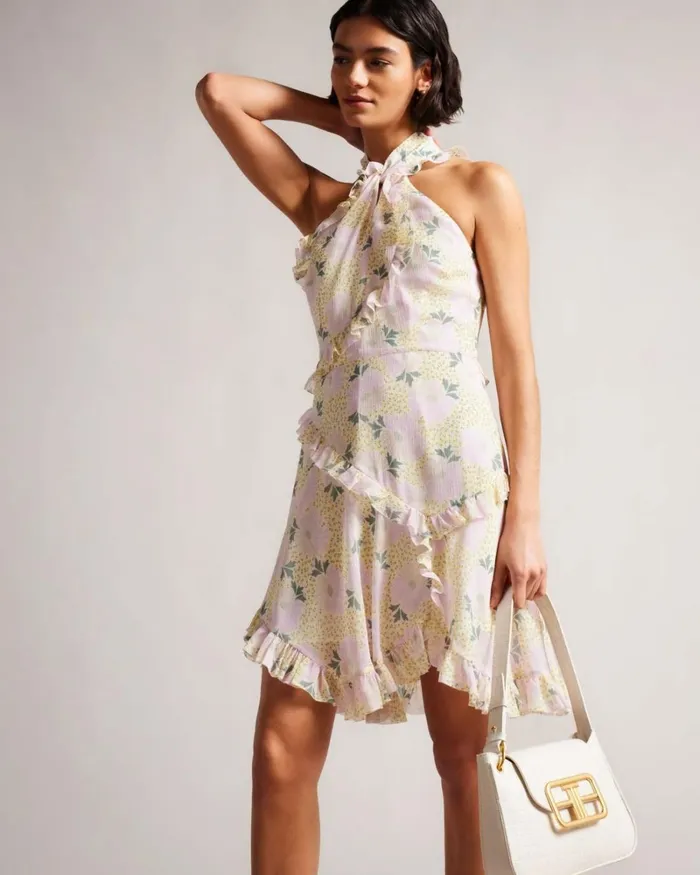 Twist Neck Frill Detail Mini Dress Light Yellow Women Ted Baker Clothing