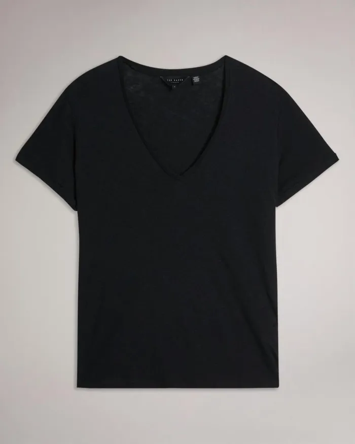 V Neck Cotton And Linen TShirt Black Women Ted Baker Clothing