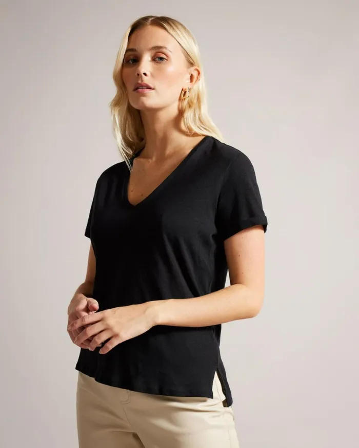 V Neck Cotton And Linen TShirt Black Women Ted Baker Clothing V Neck Cotton And Linen TShirt Black Women Ted Baker Clothing