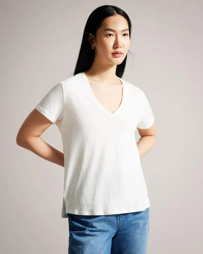 V Neck Cotton And Linen TShirt White Women Ted Baker Clothing V Neck Cotton And Linen TShirt White Women Ted Baker Clothing