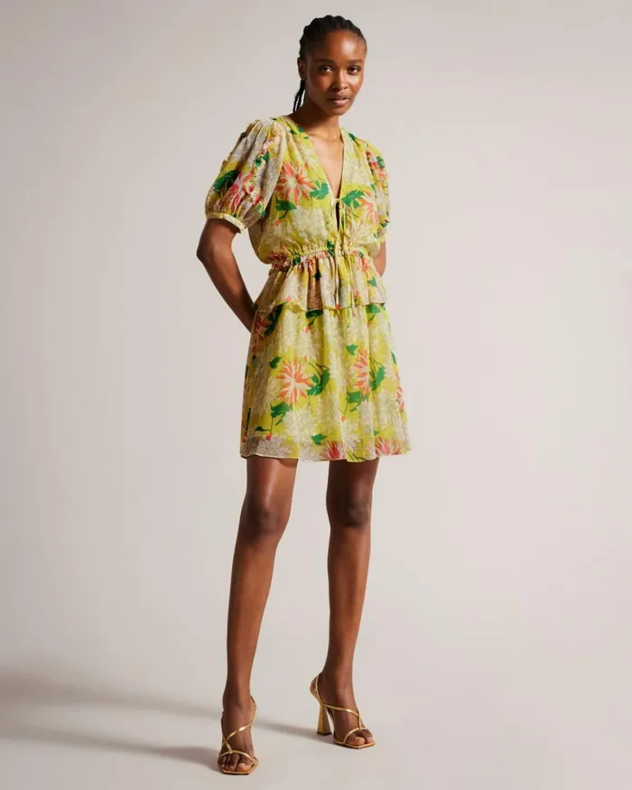 V Neck Peplum Waist Mini Dress Bright Yellow Women Ted Baker Clothing