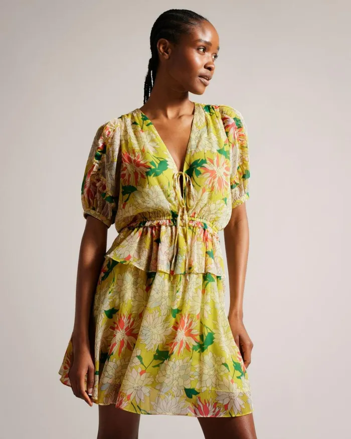 V Neck Peplum Waist Mini Dress Bright Yellow Women Ted Baker Clothing