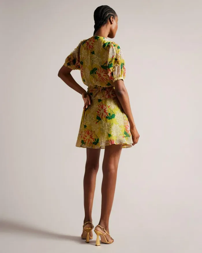 V Neck Peplum Waist Mini Dress Bright Yellow Women Ted Baker Clothing