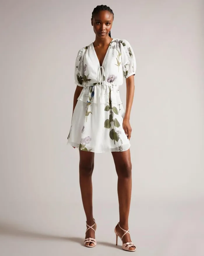 V Neck Peplum Waist Mini Dress White Women Ted Baker Dresses