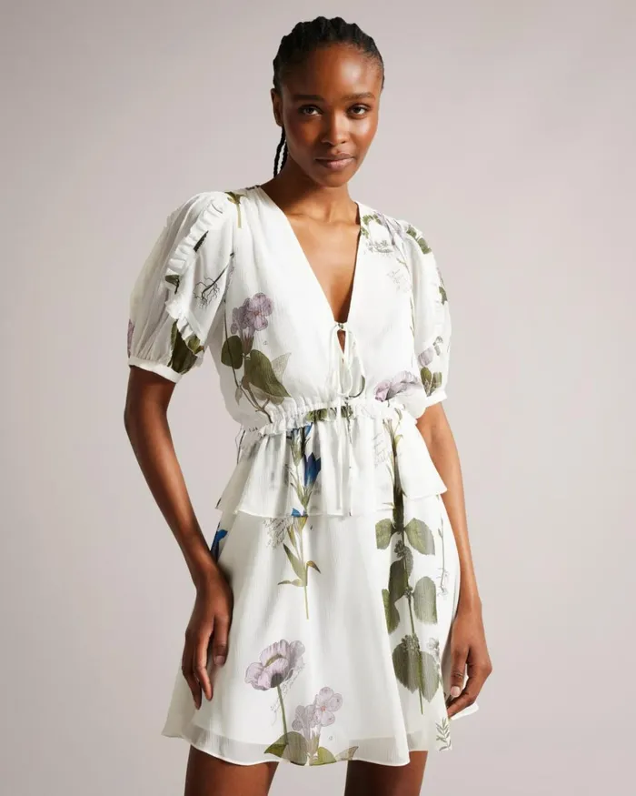 V Neck Peplum Waist Mini Dress White Women Ted Baker Dresses