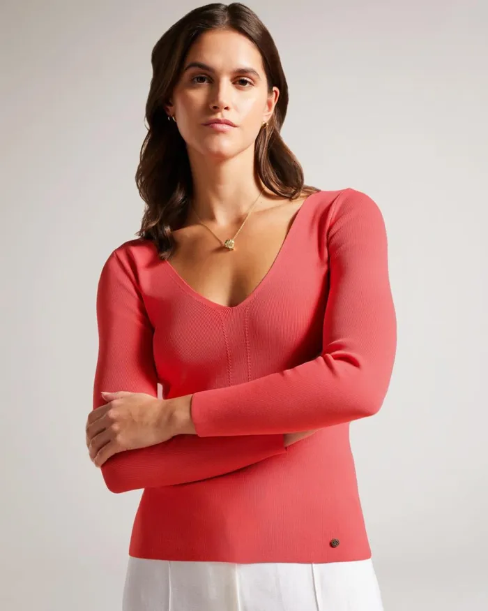 V Neck Slim Fit Knit Top Coral Women Ted Baker Clothing