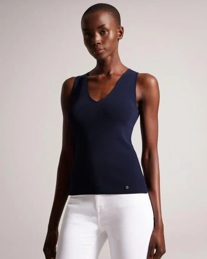 V Neck Slim Fit Knit Top Dark Blue Women Ted Baker Clothing