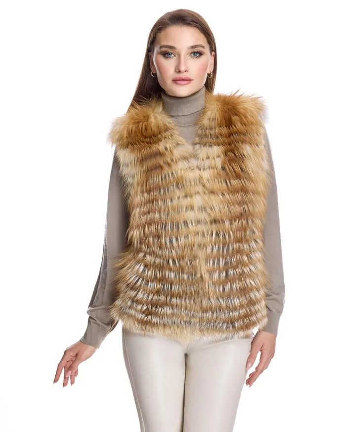 Vests Women039s Maximilian Collarless Feathered Fox Vest