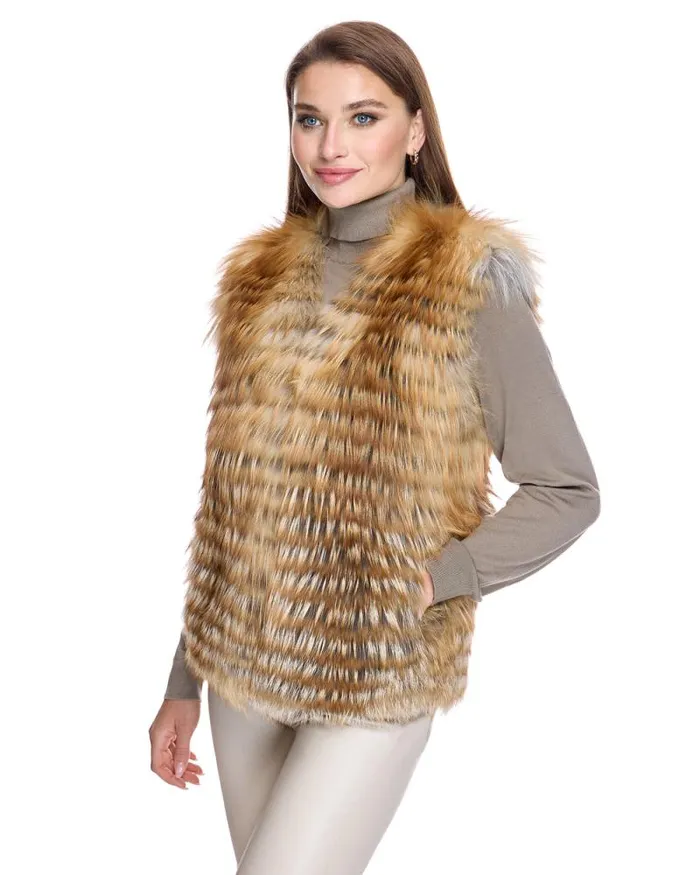 Vests Women039s Maximilian Collarless Feathered Fox Vest