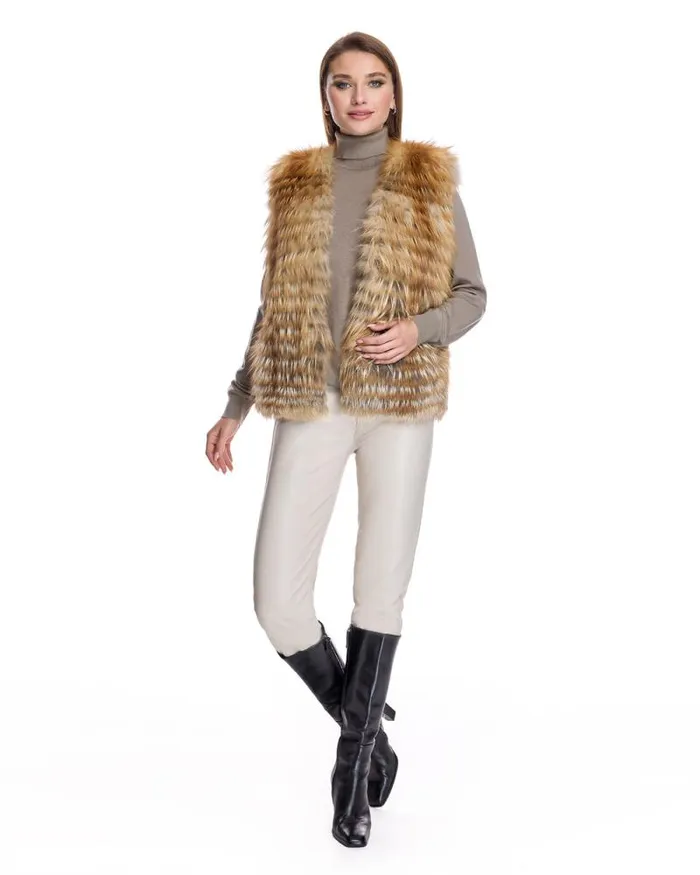 Vests Women039s Maximilian Collarless Feathered Fox Vest