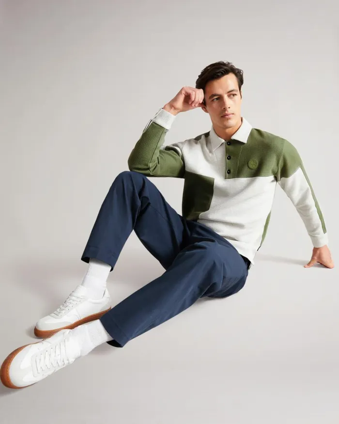 Waffle Knit Panelled Polo Shirt Gray Marl Men Ted Baker Clothing