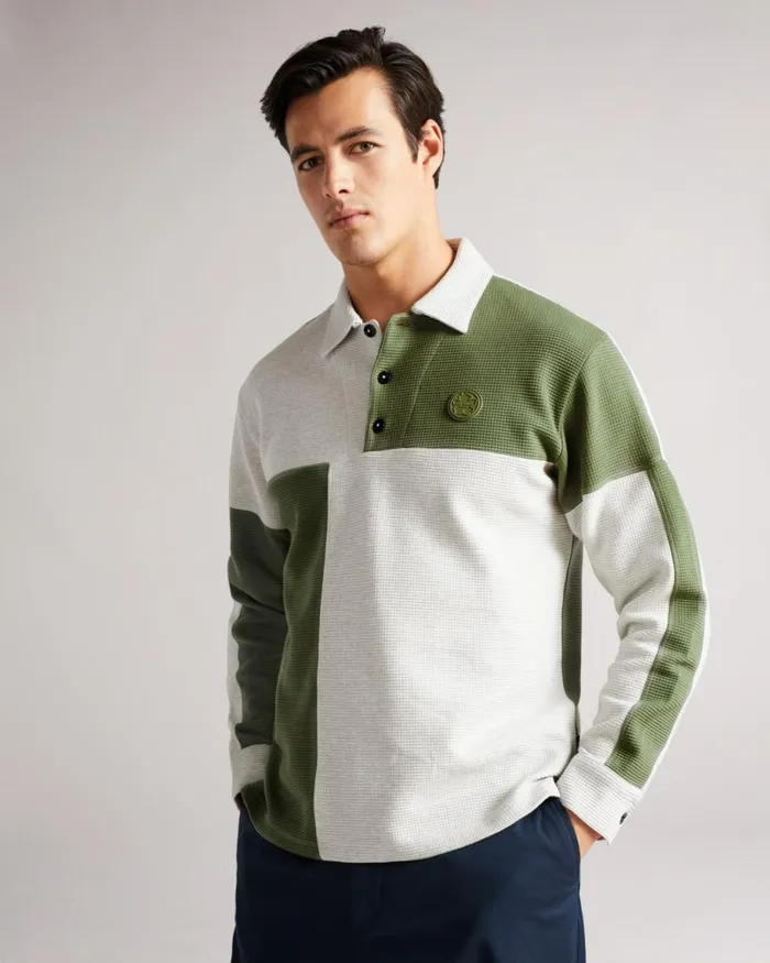 Waffle Knit Panelled Polo Shirt Gray Marl Men Ted Baker Clothing