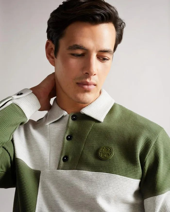Waffle Knit Panelled Polo Shirt Gray Marl Men Ted Baker Clothing