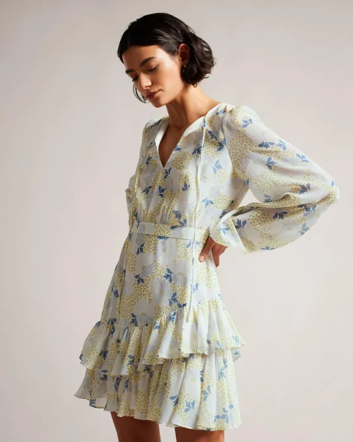 Waisted Mini Dress With Asymmetric Ruffles Sky Blue Women Ted Baker Clothing