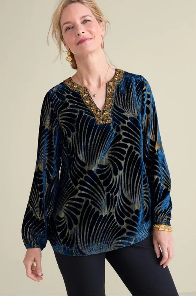 Women Adrienne Embroidered Velvet Tunic Blue Swirl Velvet Burnout Soft Surroundings Tops Women Adrienne Embroidered Velvet Tunic Blue Swirl Velvet Burnout Soft Surroundings Tops