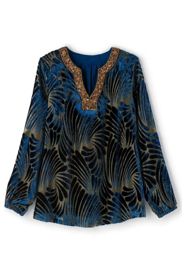 Women Adrienne Embroidered Velvet Tunic Blue Swirl Velvet Burnout Soft Surroundings Tops Women Adrienne Embroidered Velvet Tunic Blue Swirl Velvet Burnout Soft Surroundings Tops