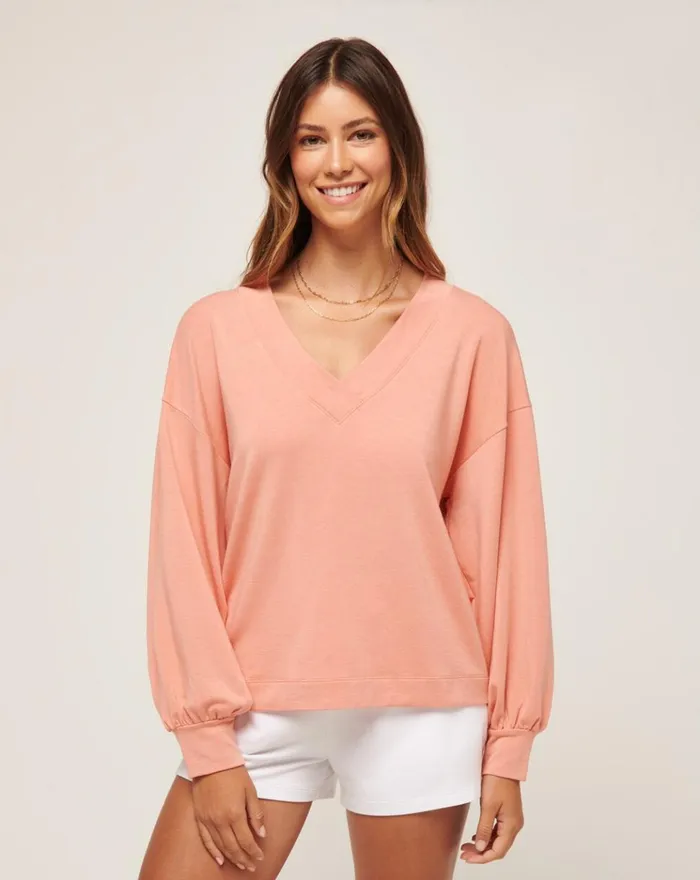 Women All Tops TravisMathew CLOUD TERRY VNECK TOP Heather Canyon Sunset
