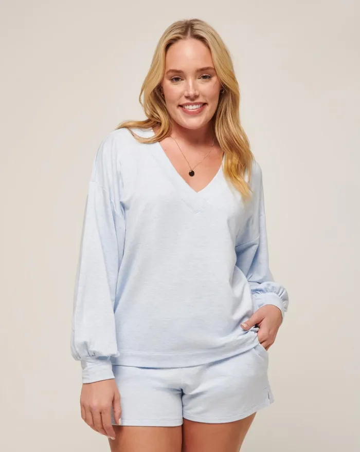 Women All Tops TravisMathew CLOUD TERRY VNECK TOP Heather Kentucky Blue