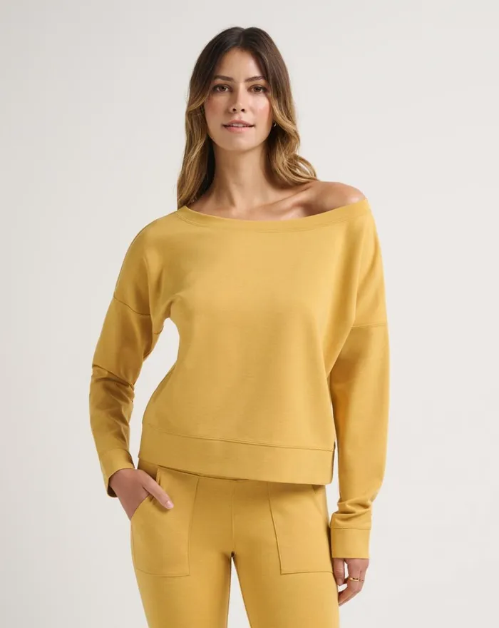 Women All Tops TravisMathew PORTUGAL OFF THE SHOULDER PONTE TOP Heather Bright Gold Women All Tops TravisMathew PORTUGAL OFF THE SHOULDER PONTE TOP Heather Bright Gold