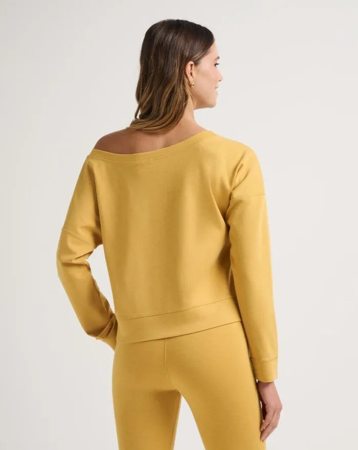 Women All Tops TravisMathew PORTUGAL OFF THE SHOULDER PONTE TOP Heather Bright Gold