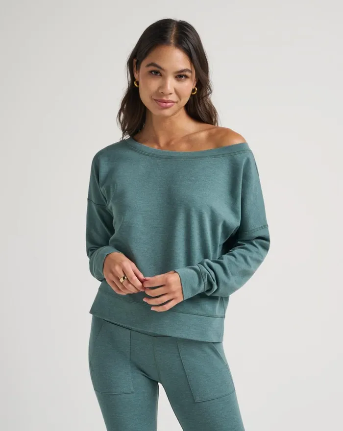 Women All Tops TravisMathew PORTUGAL OFF THE SHOULDER PONTE TOP Heather North Atlantic