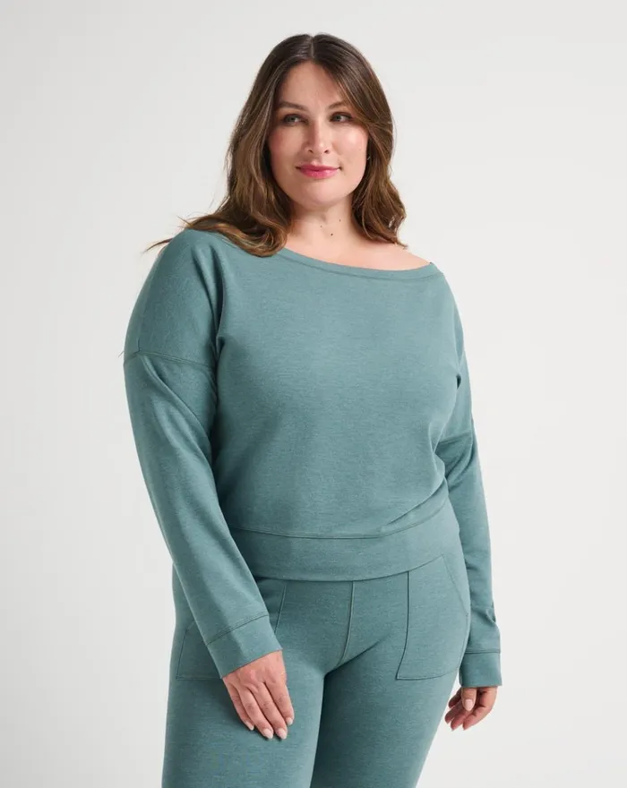 Women All Tops TravisMathew PORTUGAL OFF THE SHOULDER PONTE TOP Heather North Atlantic