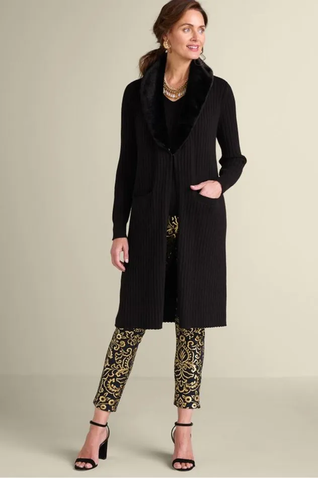 Women Amalie Faux Fur Collar Ribbed Cardigan Black Soft Surroundings Sweaters and Cardigans