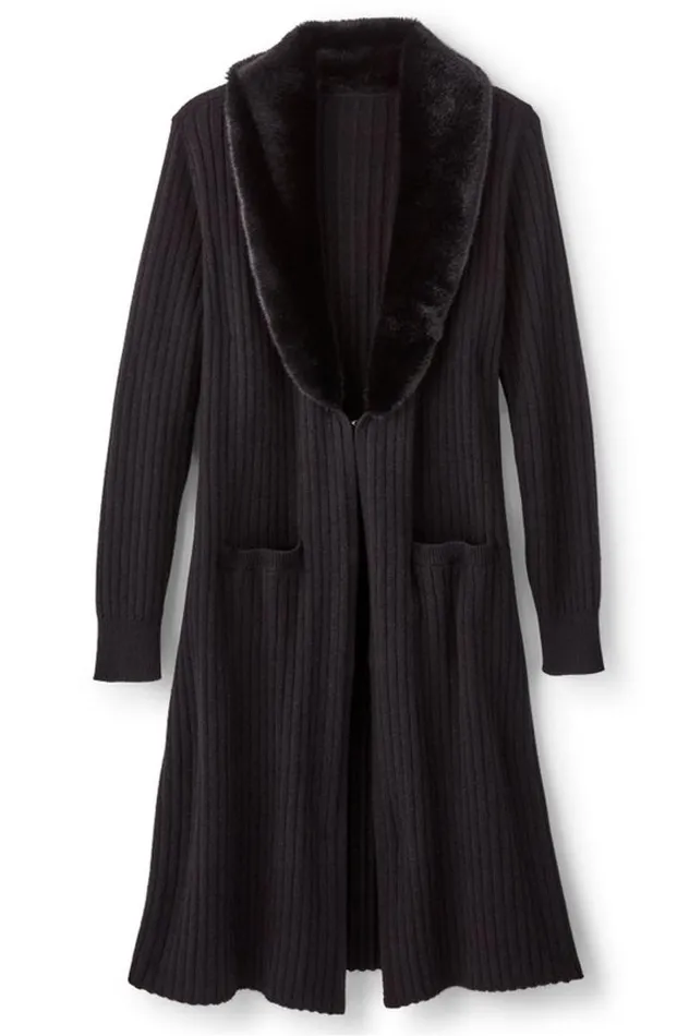 Women Amalie Faux Fur Collar Ribbed Cardigan Black Soft Surroundings Sweaters and Cardigans Women Amalie Faux Fur Collar Ribbed Cardigan Black Soft Surroundings Sweaters and Cardigans
