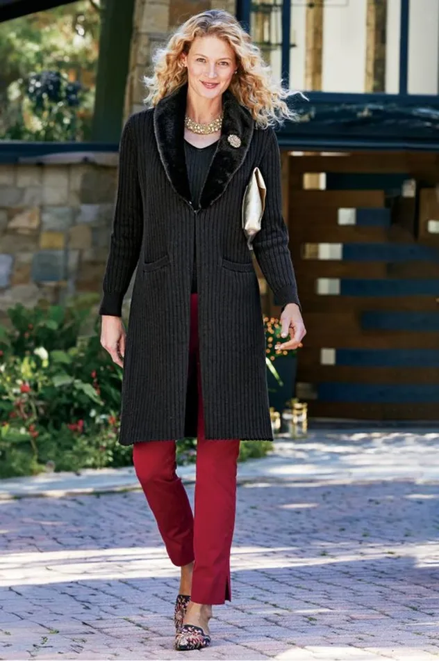 Women Amalie Faux Fur Collar Ribbed Cardigan Black Soft Surroundings Sweaters and Cardigans Women Amalie Faux Fur Collar Ribbed Cardigan Black Soft Surroundings Sweaters and Cardigans