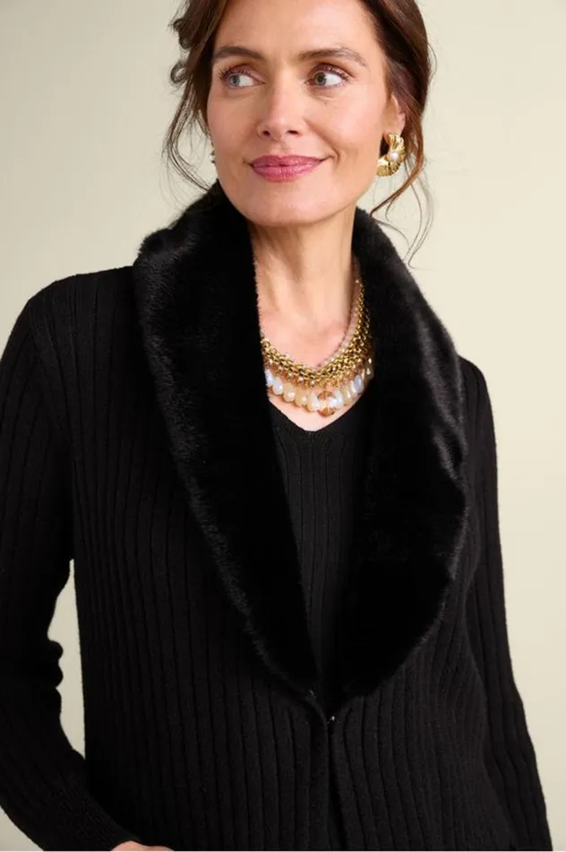 Women Amalie Faux Fur Collar Ribbed Cardigan Black Soft Surroundings Sweaters and Cardigans Women Amalie Faux Fur Collar Ribbed Cardigan Black Soft Surroundings Sweaters and Cardigans