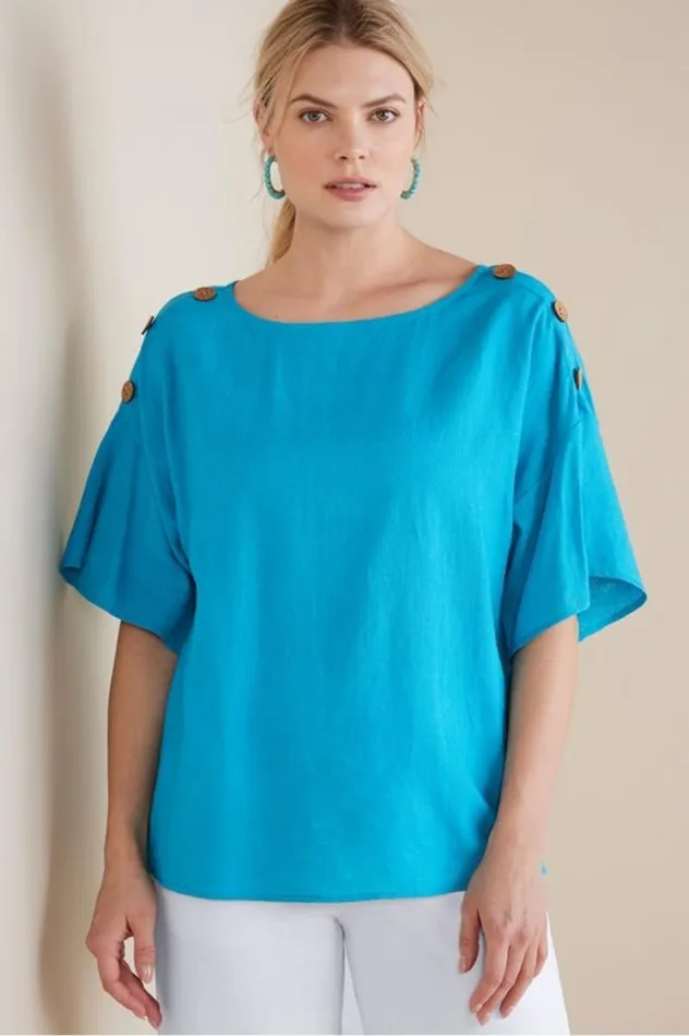 Women Andrea Linen Blend Pullover Blue Danube Soft Surroundings Tops