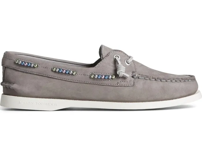 Women Authentic Original Leather Beaded Boat Shoe Grey Sperry Flats and Loafers