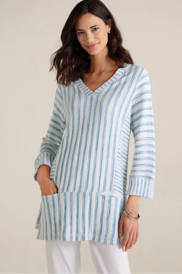 Women Briza Stripe Tunic Chambray Bluewhite Strip Soft Surroundings Tops