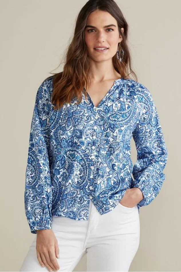 Women Celia Top Spring Paisley Chambray Soft Surroundings Tops