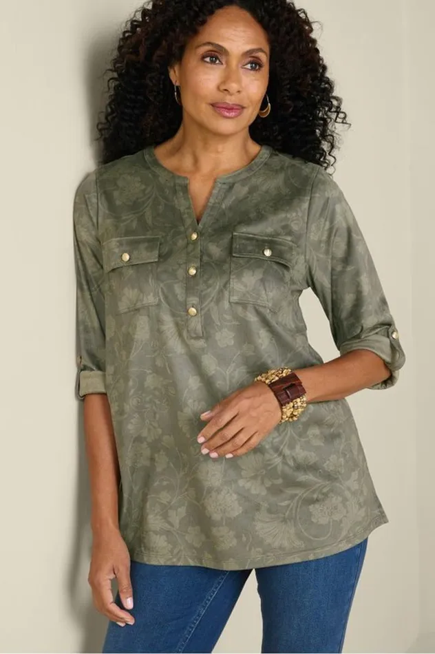 Women Charine Faux Suede Tunic Floral Scarf Green Soft Surroundings Tops