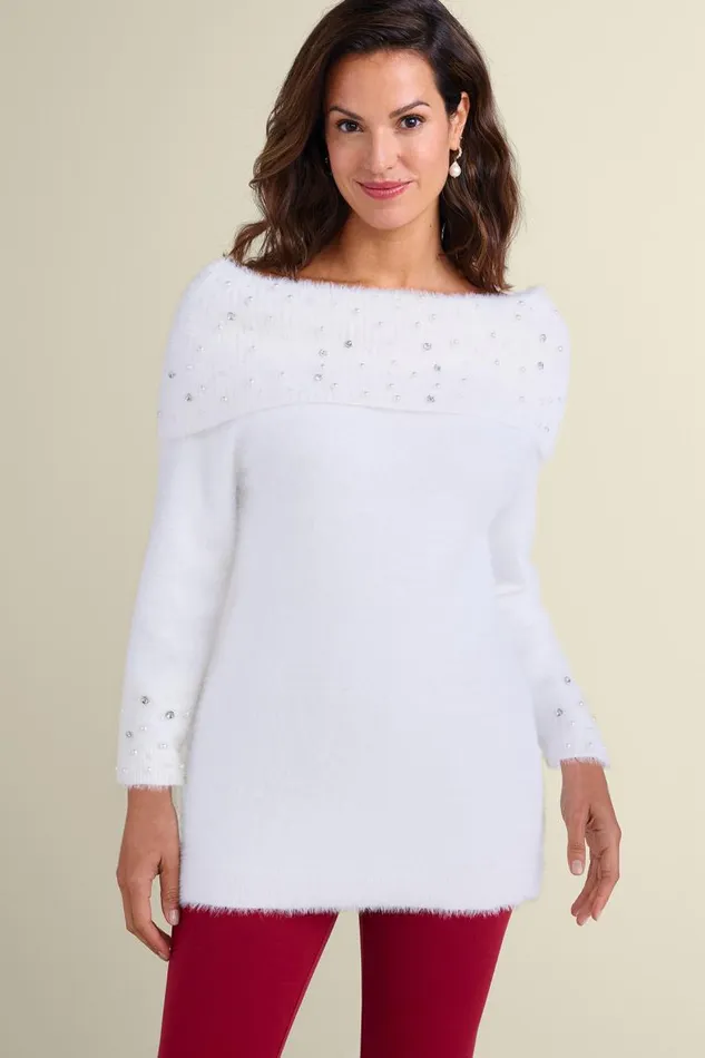 Women Christina Embellished Cowl Neck Sweater Tunic Ivory Pearl Soft Surroundings Tops
