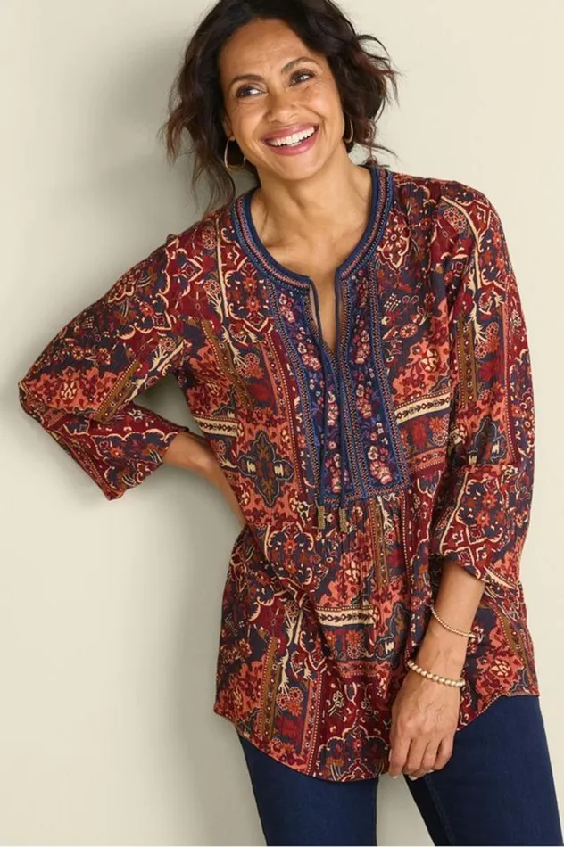 Women Cindra Embroidered Gauze Tunic Riviera Patchwork Burgund Soft Surroundings Tops Women Cindra Embroidered Gauze Tunic Riviera Patchwork Burgund Soft Surroundings Tops