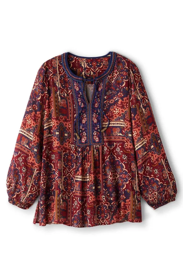 Women Cindra Embroidered Gauze Tunic Riviera Patchwork Burgund Soft Surroundings Tops Women Cindra Embroidered Gauze Tunic Riviera Patchwork Burgund Soft Surroundings Tops