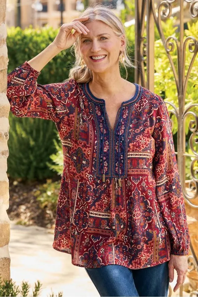 Women Cindra Embroidered Gauze Tunic Riviera Patchwork Burgund Soft Surroundings Tops Women Cindra Embroidered Gauze Tunic Riviera Patchwork Burgund Soft Surroundings Tops