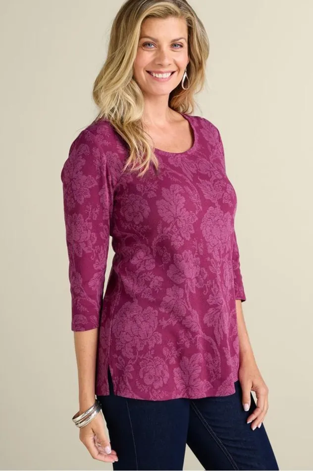 Women Clarette Jacquard 34 Sleeve Tunic Silhouette Floral Soft Surroundings Tops Women Clarette Jacquard 34 Sleeve Tunic Silhouette Floral Soft Surroundings Tops