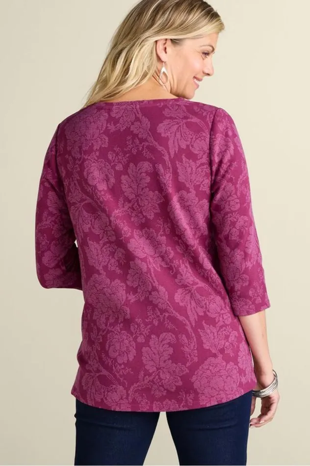 Women Clarette Jacquard 34 Sleeve Tunic Silhouette Floral Soft Surroundings Tops Women Clarette Jacquard 34 Sleeve Tunic Silhouette Floral Soft Surroundings Tops