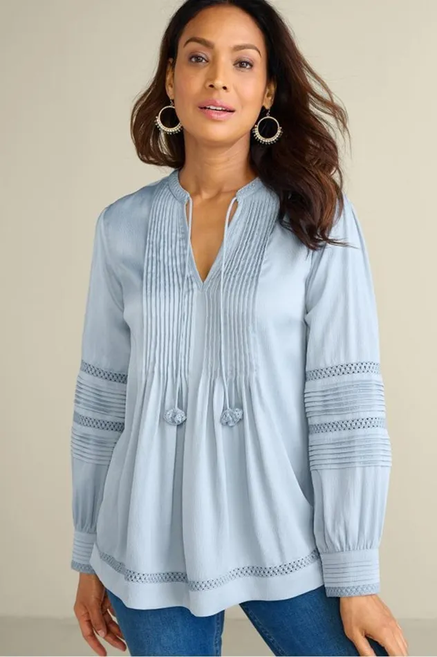 Women Connie Lace Trim Crepe Top Blue Fog Soft Surroundings Tops