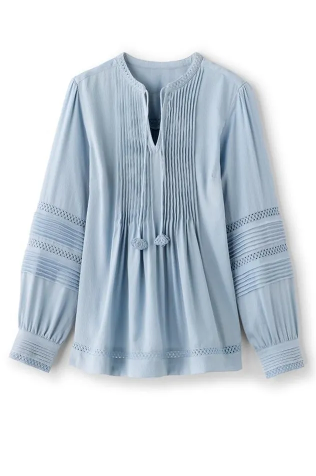 Women Connie Lace Trim Crepe Top Blue Fog Soft Surroundings Tops Women Connie Lace Trim Crepe Top Blue Fog Soft Surroundings Tops