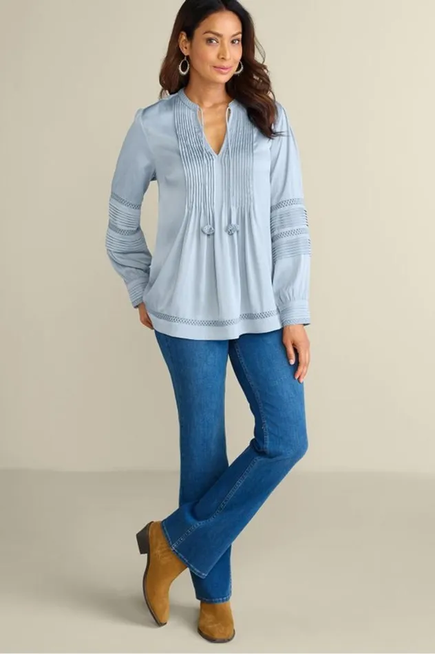 Women Connie Lace Trim Crepe Top Blue Fog Soft Surroundings Tops Women Connie Lace Trim Crepe Top Blue Fog Soft Surroundings Tops