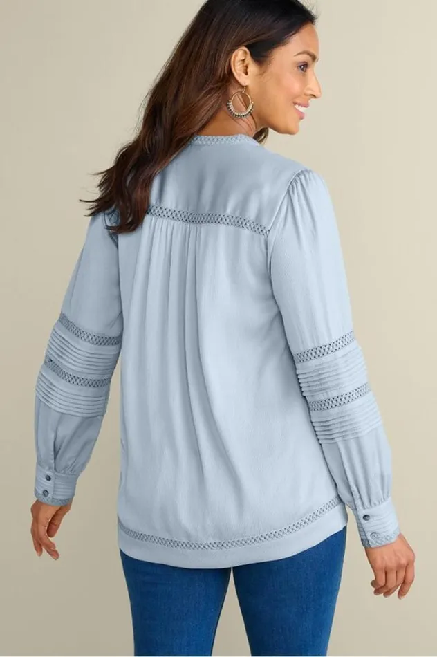 Women Connie Lace Trim Crepe Top Blue Fog Soft Surroundings Tops Women Connie Lace Trim Crepe Top Blue Fog Soft Surroundings Tops