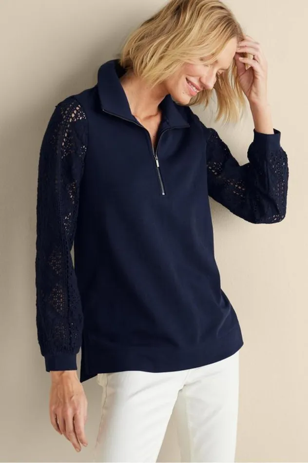 Women Crochet Sleeve French Terry Tunic Navy Soft Surroundings Tops