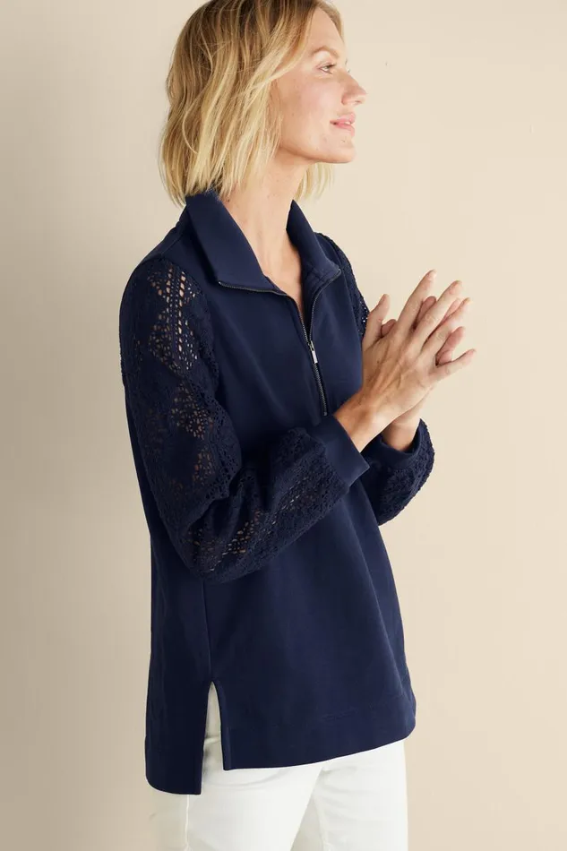 Women Crochet Sleeve French Terry Tunic Navy Soft Surroundings Tops Women Crochet Sleeve French Terry Tunic Navy Soft Surroundings Tops