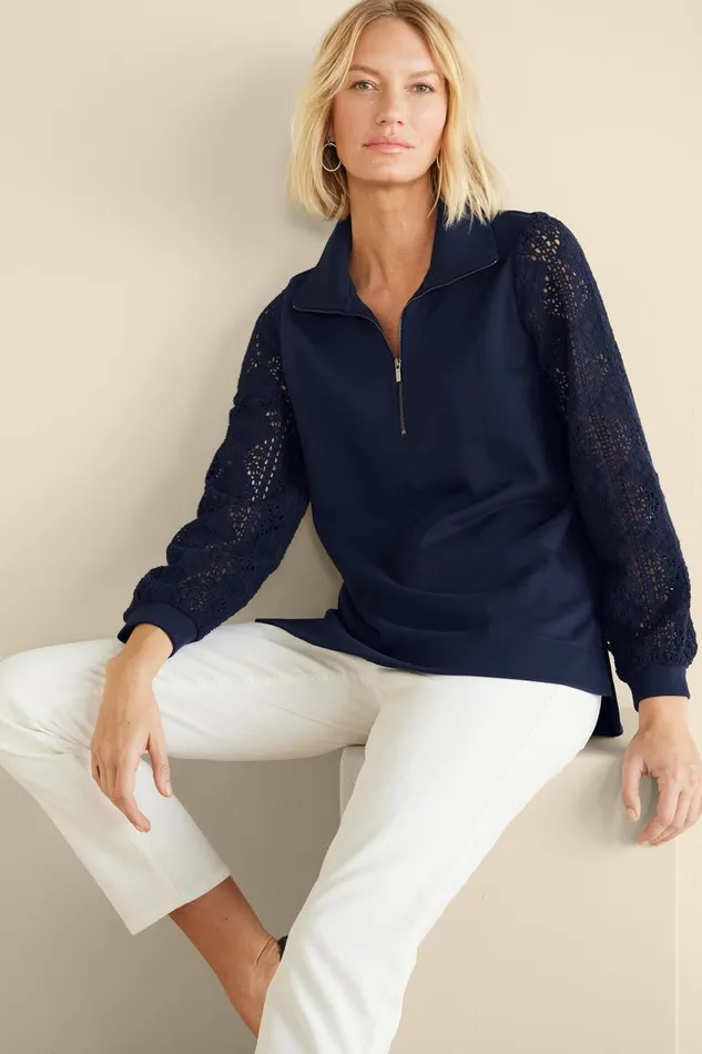 Women Crochet Sleeve French Terry Tunic Navy Soft Surroundings Tops Women Crochet Sleeve French Terry Tunic Navy Soft Surroundings Tops
